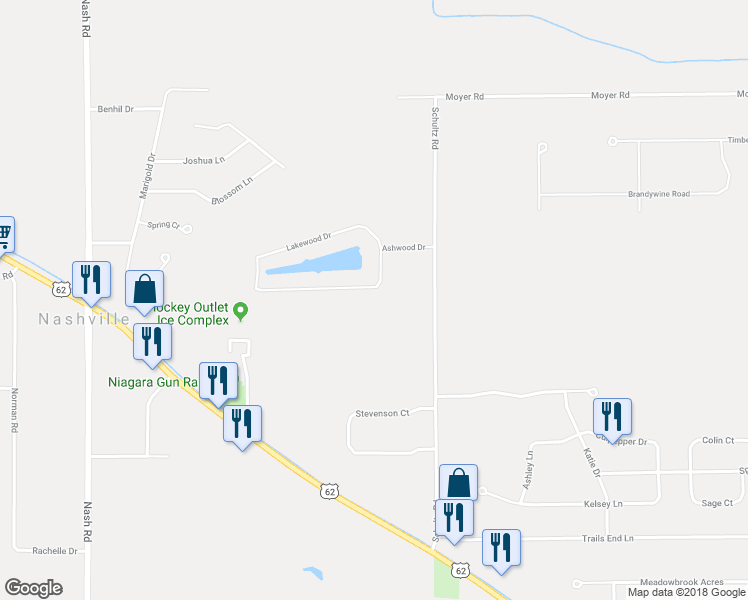 map of restaurants, bars, coffee shops, grocery stores, and more near 3452 Ashwood Drive in North Tonawanda