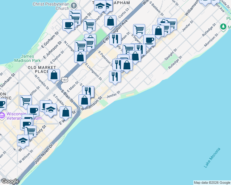map of restaurants, bars, coffee shops, grocery stores, and more near 821 Williamson Street in Madison