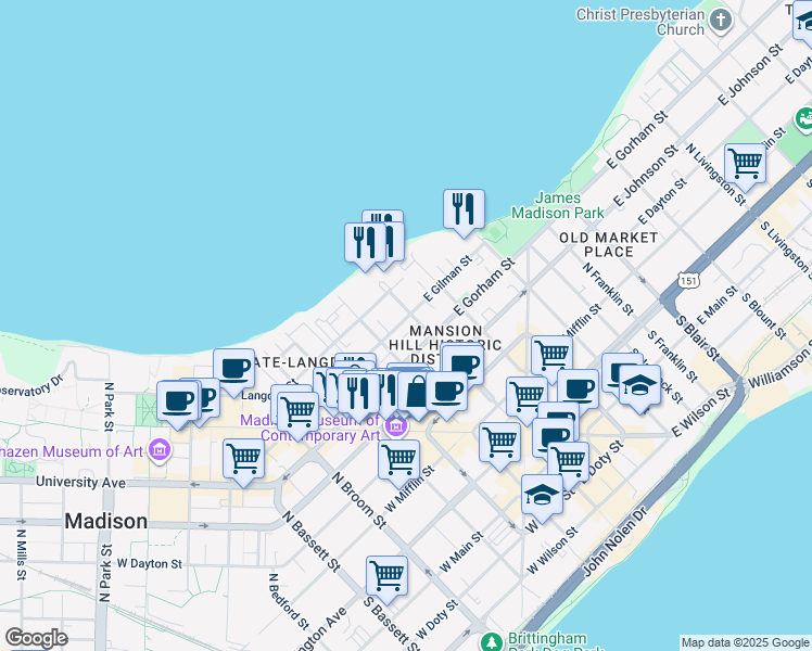 map of restaurants, bars, coffee shops, grocery stores, and more near 424 Wisconsin Avenue in Madison
