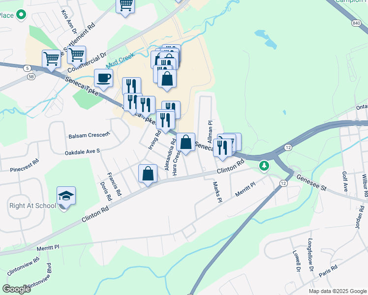 map of restaurants, bars, coffee shops, grocery stores, and more near 1 Leard Road in New Hartford