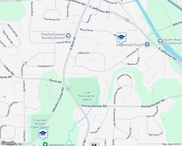 map of restaurants, bars, coffee shops, grocery stores, and more near 21 Crestview Drive in Pittsford