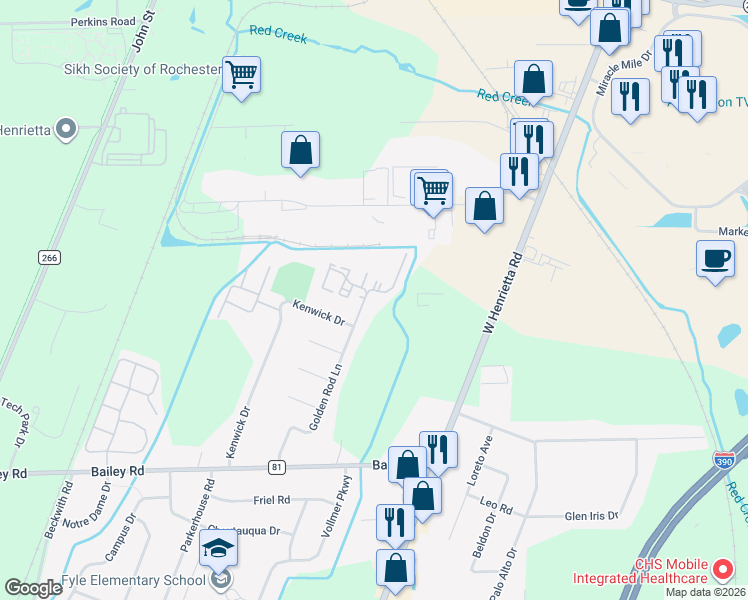 map of restaurants, bars, coffee shops, grocery stores, and more near 126 Golden Rod Lane in Rochester