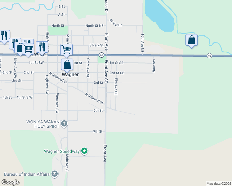map of restaurants, bars, coffee shops, grocery stores, and more near 415 Elm Ave SE in Wagner