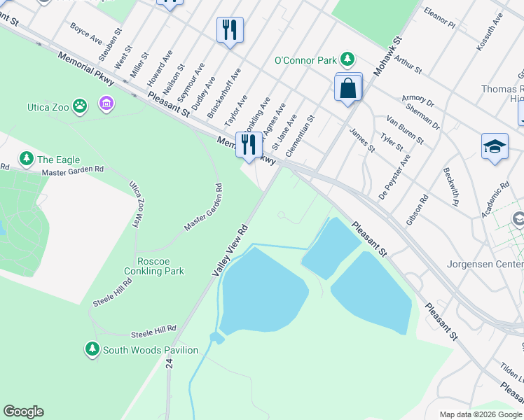 map of restaurants, bars, coffee shops, grocery stores, and more near 402 Valley View Road in New Hartford