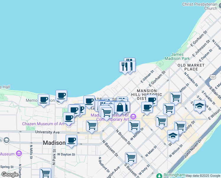 map of restaurants, bars, coffee shops, grocery stores, and more near 144 Langdon Street in Madison