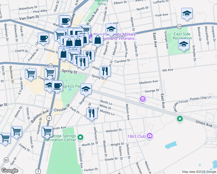 map of restaurants, bars, coffee shops, grocery stores, and more near 132 Spring Street in Saratoga Springs