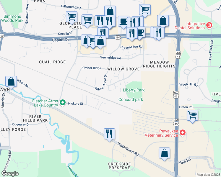 map of restaurants, bars, coffee shops, grocery stores, and more near 1308 Meadowcreek Drive in Pewaukee