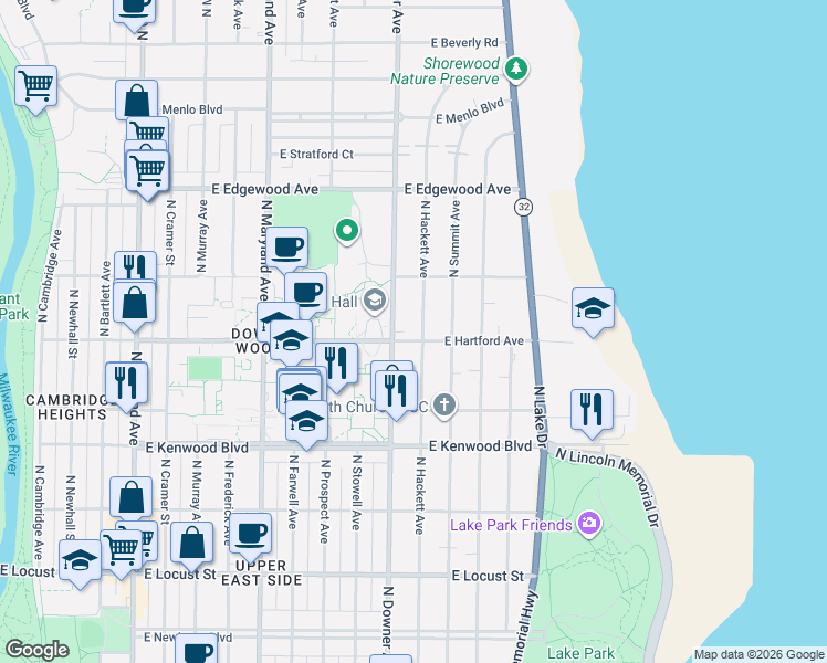 map of restaurants, bars, coffee shops, grocery stores, and more near 3340 North Downer Avenue in Milwaukee