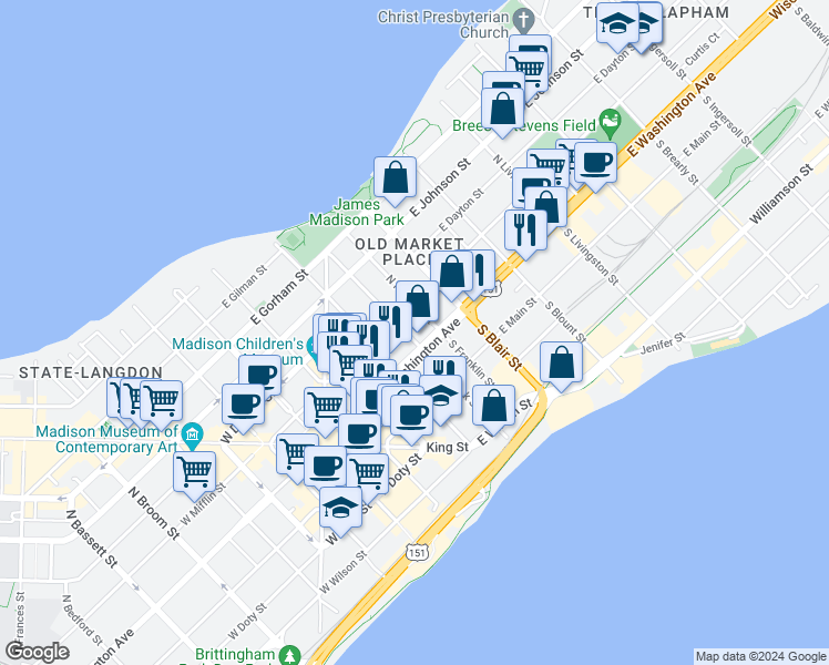 map of restaurants, bars, coffee shops, grocery stores, and more near 9 North Hancock Street in Madison