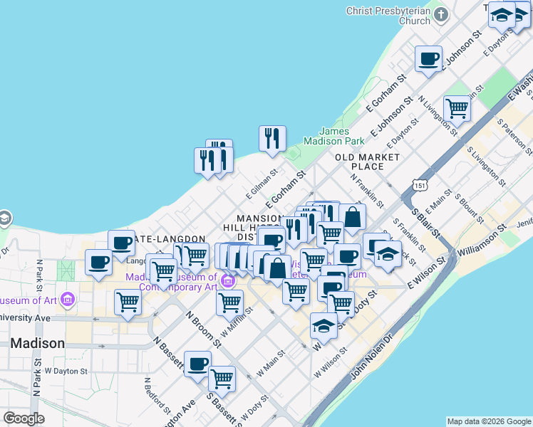 map of restaurants, bars, coffee shops, grocery stores, and more near 21 East Gorham Street in Madison