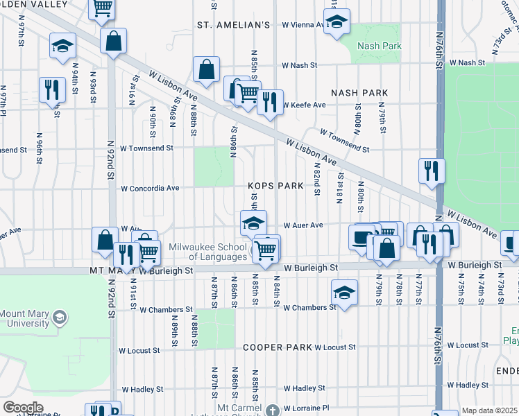 map of restaurants, bars, coffee shops, grocery stores, and more near 3234 North 85th Street in Milwaukee