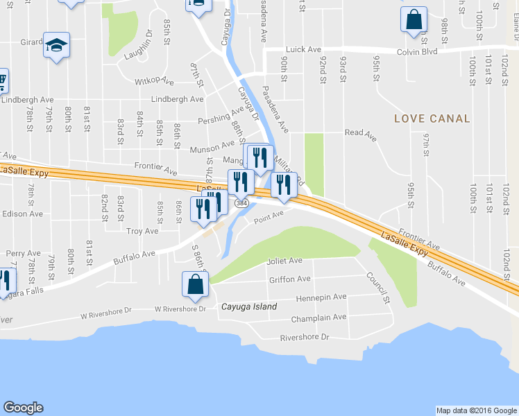 map of restaurants, bars, coffee shops, grocery stores, and more near 8839 Buffalo Avenue in Niagara Falls