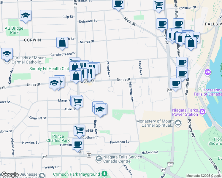 map of restaurants, bars, coffee shops, grocery stores, and more near 5946 Dunn Street in Niagara Falls