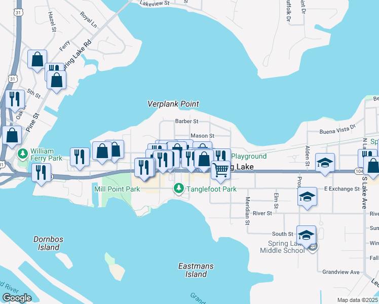 map of restaurants, bars, coffee shops, grocery stores, and more near 214 North Division Street in Spring Lake