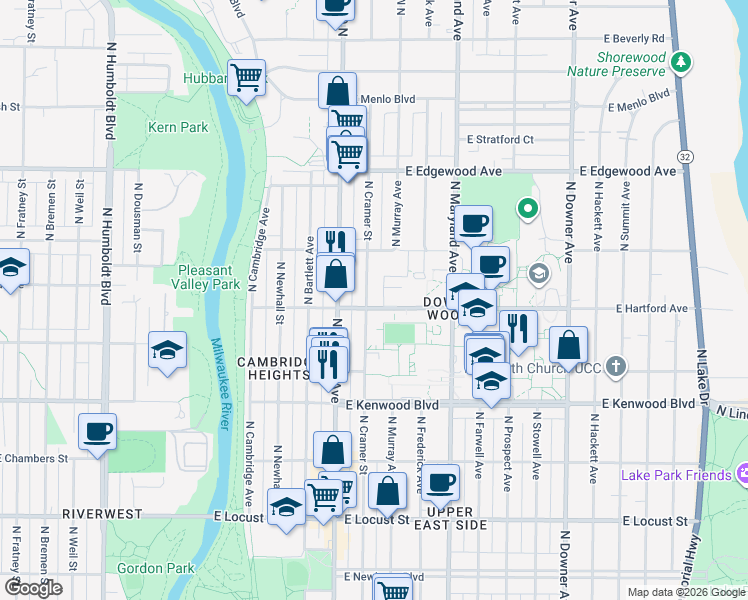 map of restaurants, bars, coffee shops, grocery stores, and more near 3340 North Cramer Street in Milwaukee