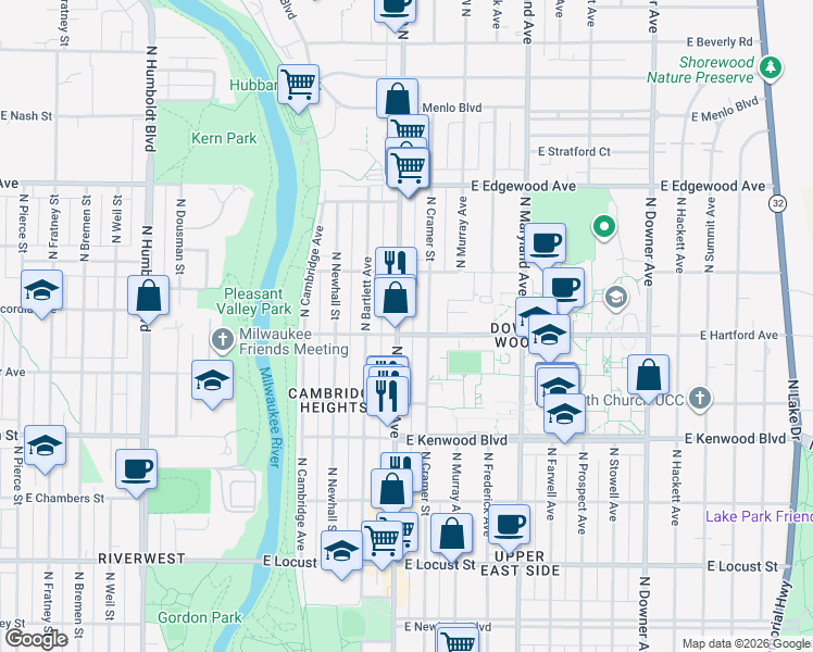 map of restaurants, bars, coffee shops, grocery stores, and more near 3335 North Oakland Avenue in Milwaukee