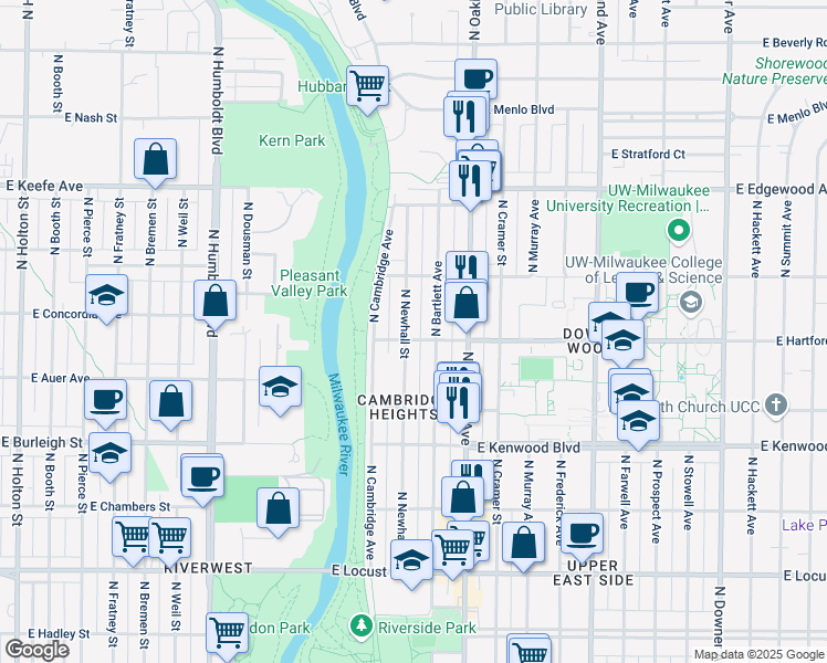 map of restaurants, bars, coffee shops, grocery stores, and more near 3341 North Bartlett Avenue in Milwaukee