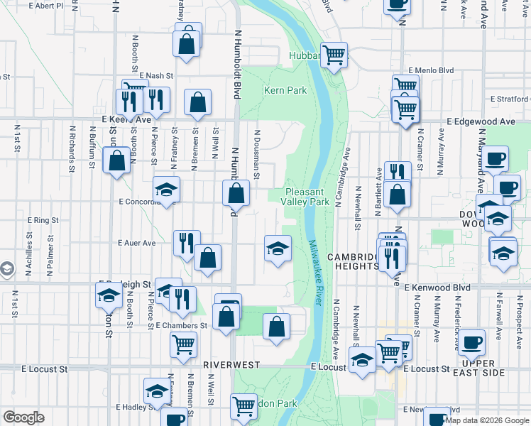 map of restaurants, bars, coffee shops, grocery stores, and more near 1229 East Concordia Avenue in Milwaukee