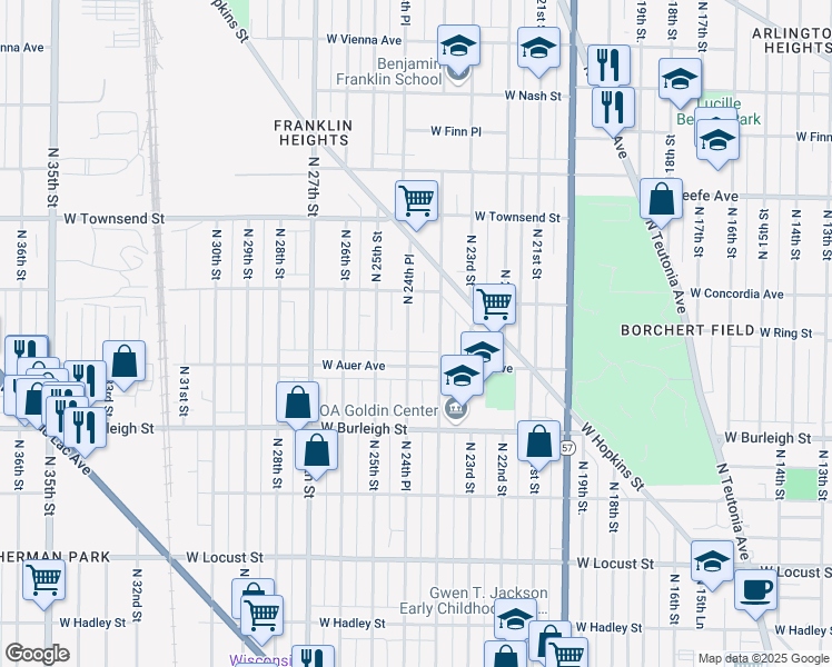 map of restaurants, bars, coffee shops, grocery stores, and more near 3276 North 24th Place in Milwaukee