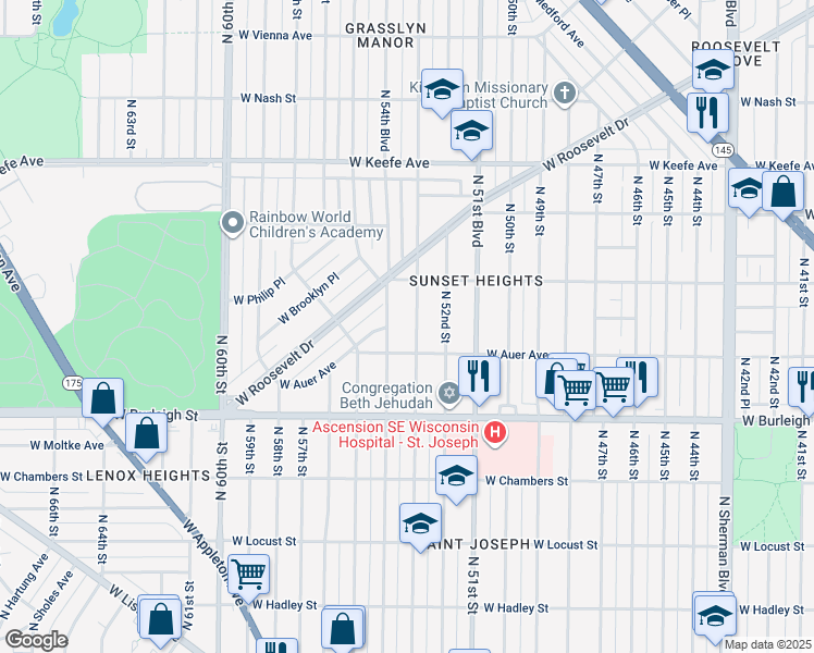map of restaurants, bars, coffee shops, grocery stores, and more near 3260 North 53rd Street in Milwaukee