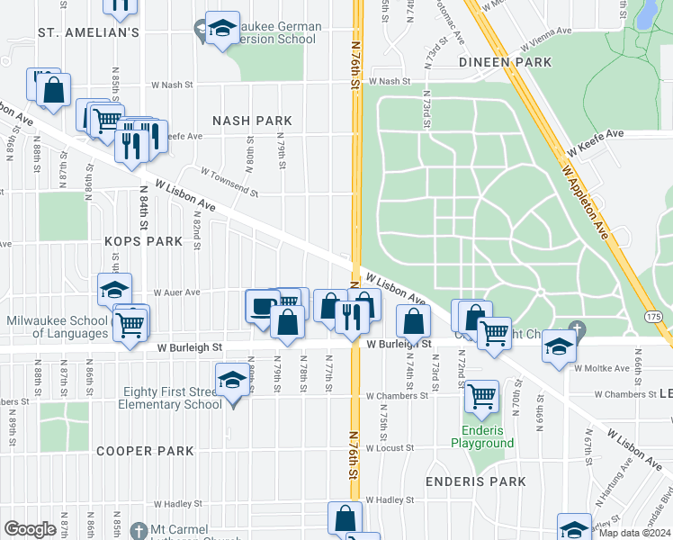 map of restaurants, bars, coffee shops, grocery stores, and more near 7602 West Lisbon Avenue in Milwaukee