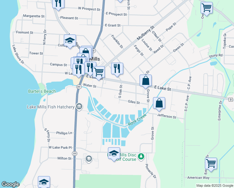 map of restaurants, bars, coffee shops, grocery stores, and more near 335 Water Street in Lake Mills