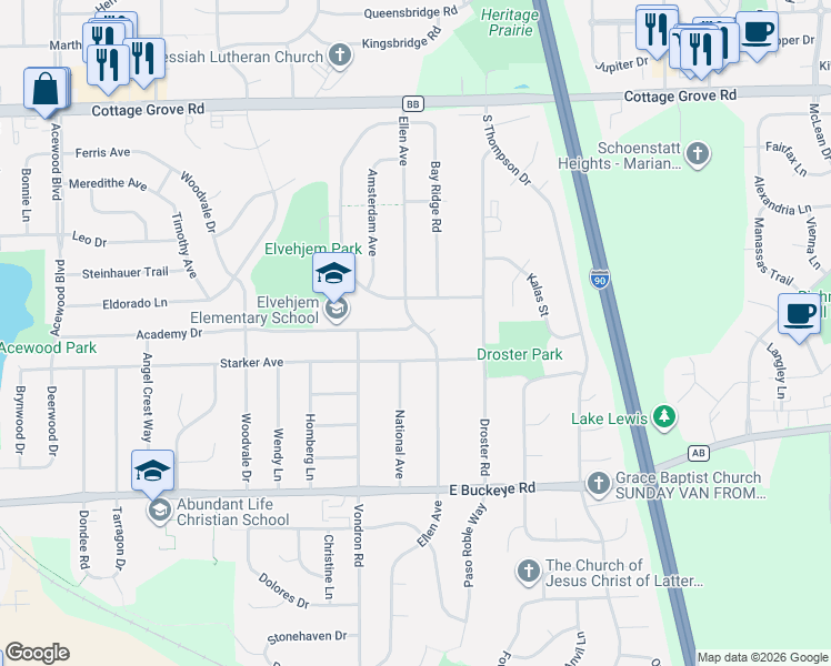 map of restaurants, bars, coffee shops, grocery stores, and more near 1417 Ellen Avenue in Madison