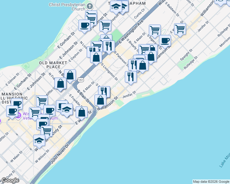 map of restaurants, bars, coffee shops, grocery stores, and more near 223 South Blount Street in Madison