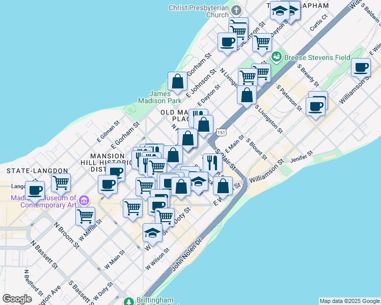map of restaurants, bars, coffee shops, grocery stores, and more near 20 North Franklin Street in Madison