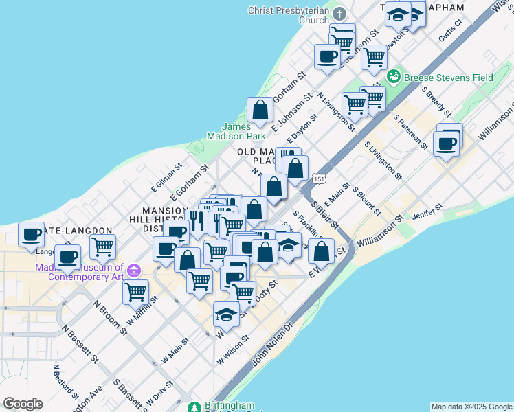 map of restaurants, bars, coffee shops, grocery stores, and more near 112 North Hancock Street in Madison
