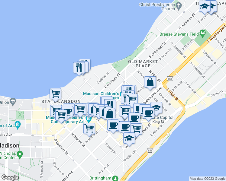 map of restaurants, bars, coffee shops, grocery stores, and more near in Madison