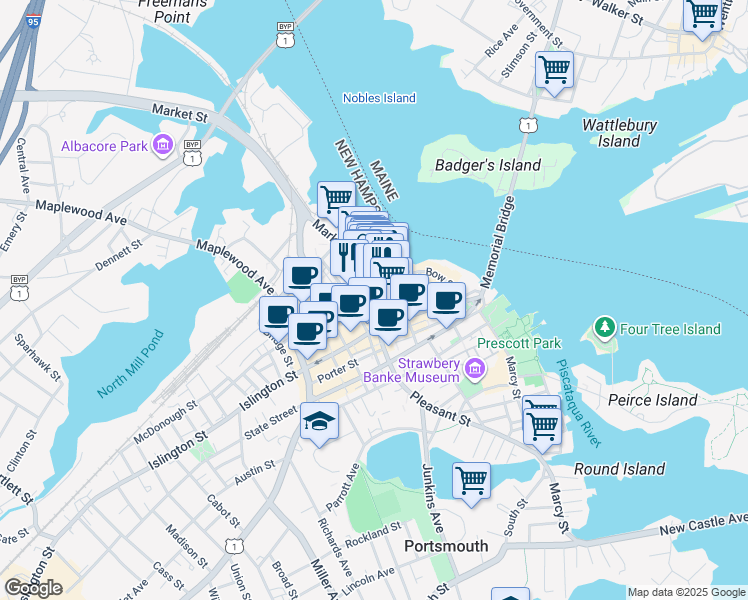 map of restaurants, bars, coffee shops, grocery stores, and more near 100 Market Street in Portsmouth