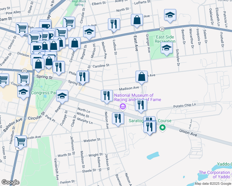 map of restaurants, bars, coffee shops, grocery stores, and more near 20 Madison Avenue in Saratoga Springs