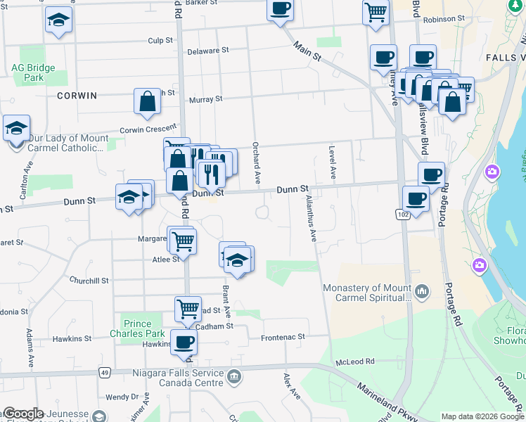 map of restaurants, bars, coffee shops, grocery stores, and more near 5982 Dunn Street in Niagara Falls