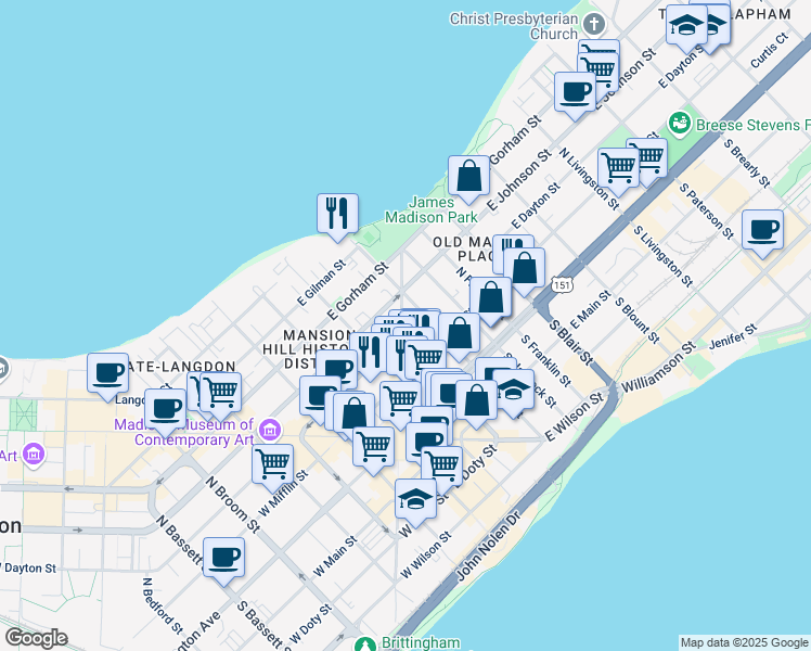 map of restaurants, bars, coffee shops, grocery stores, and more near 205 North Hamilton Street in Madison