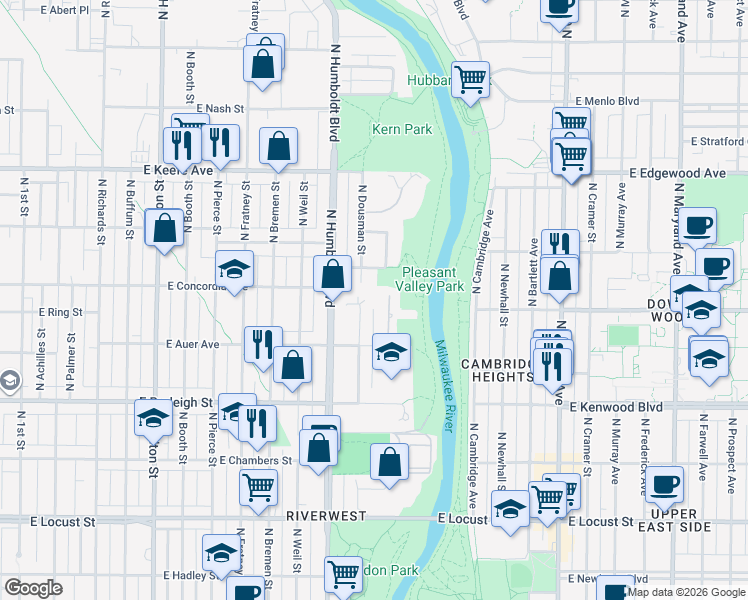 map of restaurants, bars, coffee shops, grocery stores, and more near 1229 East Concordia Avenue in Milwaukee