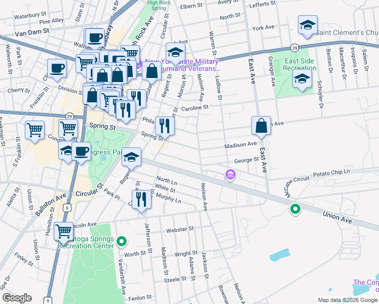 map of restaurants, bars, coffee shops, grocery stores, and more near 157 Spring Street in Saratoga Springs