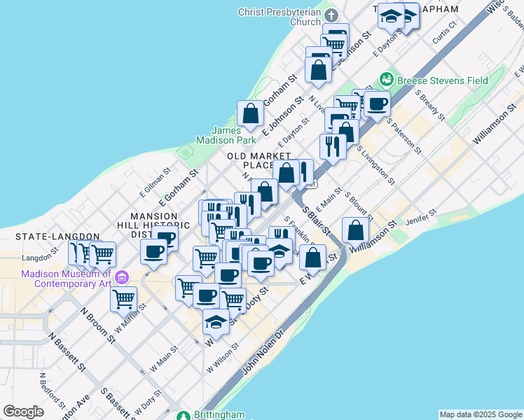 map of restaurants, bars, coffee shops, grocery stores, and more near 15 North Hancock Street in Madison