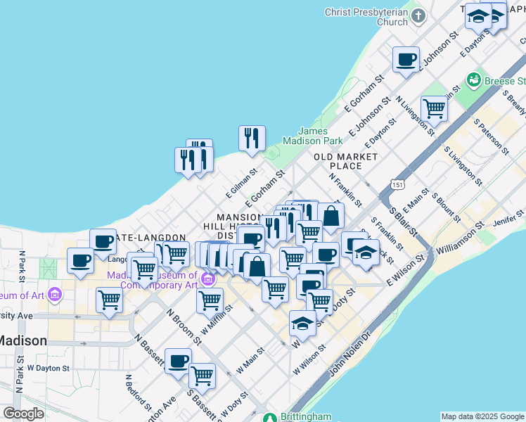map of restaurants, bars, coffee shops, grocery stores, and more near 305 North Pinckney Street in Madison