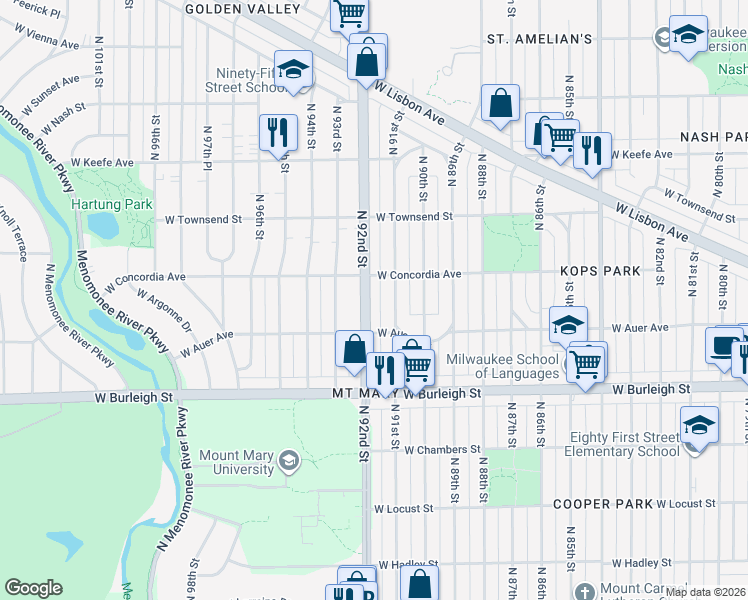map of restaurants, bars, coffee shops, grocery stores, and more near 3272 North 92nd Street in Milwaukee