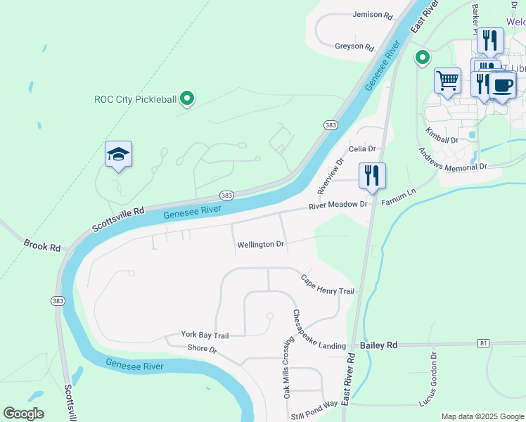 map of restaurants, bars, coffee shops, grocery stores, and more near 130 River Meadow Drive in Rochester