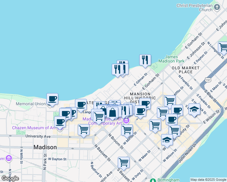 map of restaurants, bars, coffee shops, grocery stores, and more near 104 Langdon Street in Madison