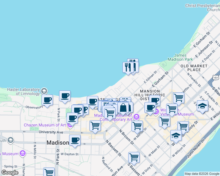 map of restaurants, bars, coffee shops, grocery stores, and more near 130 Langdon Street in Madison