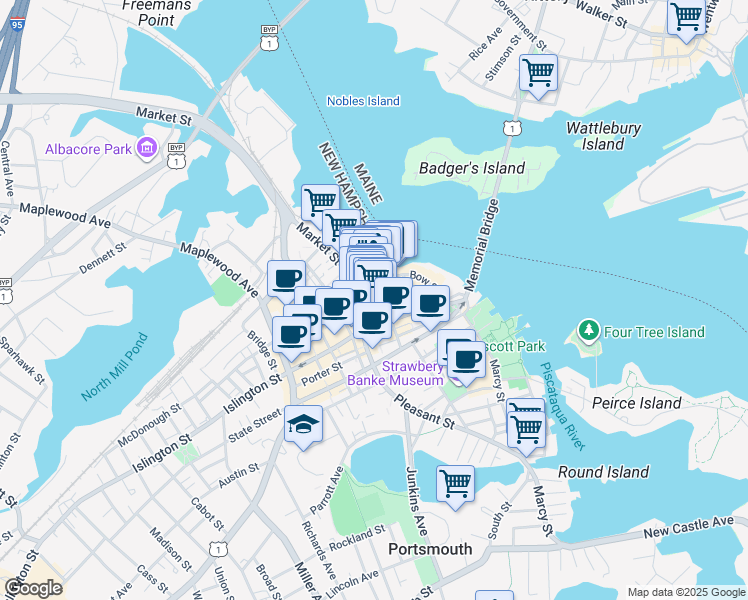 map of restaurants, bars, coffee shops, grocery stores, and more near 74 Bow Street in Portsmouth