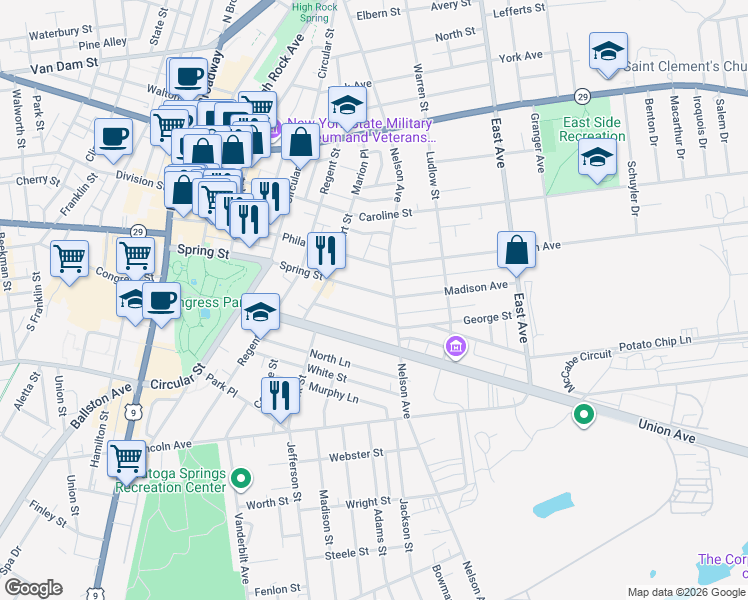 map of restaurants, bars, coffee shops, grocery stores, and more near 157 Spring Street in Saratoga Springs