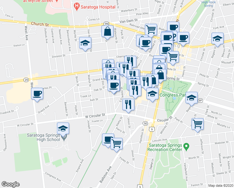 map of restaurants, bars, coffee shops, grocery stores, and more near 68 Beekman Street in Saratoga Springs
