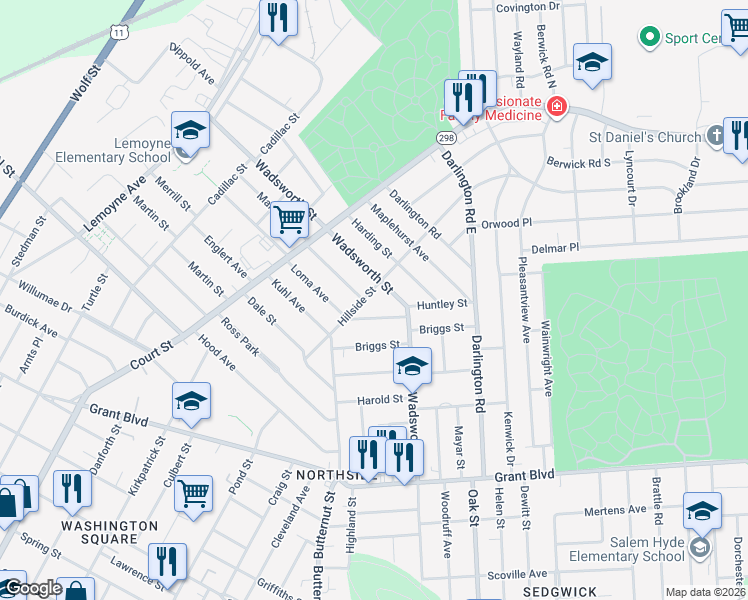 map of restaurants, bars, coffee shops, grocery stores, and more near 112 Malverne Drive in Syracuse