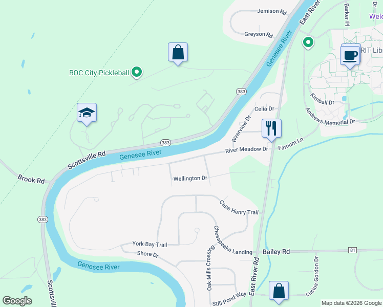 map of restaurants, bars, coffee shops, grocery stores, and more near 130 River Meadow Drive in Rochester