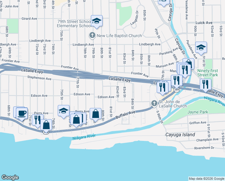 map of restaurants, bars, coffee shops, grocery stores, and more near 8118 Stephenson Avenue in Niagara Falls