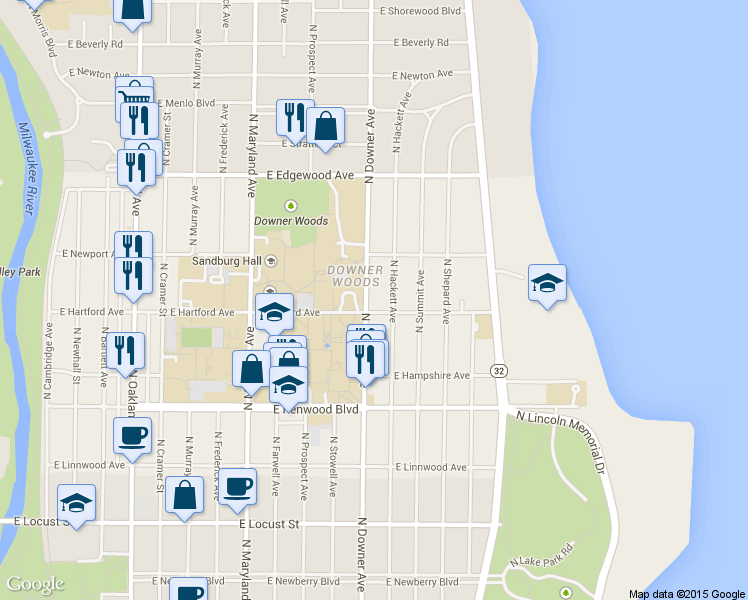 map of restaurants, bars, coffee shops, grocery stores, and more near 3340 North Downer Avenue in Milwaukee